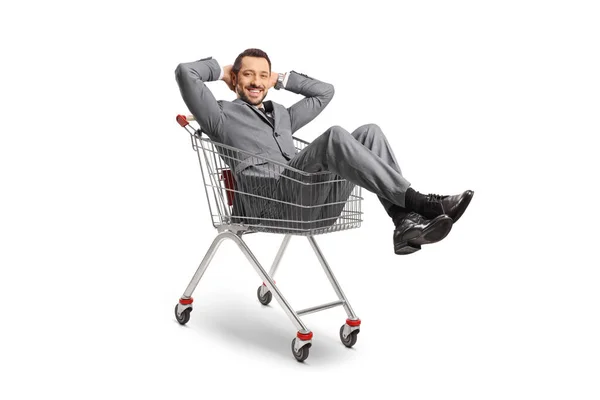 Young Professional Man Sitting Shopping Cart Isolated White Backgroun — Stock Photo, Image