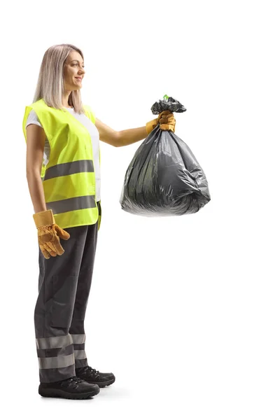 Perfil Comprimento Total Tiro Coletor Lixo Feminino Segurando Saco Lixo — Fotografia de Stock