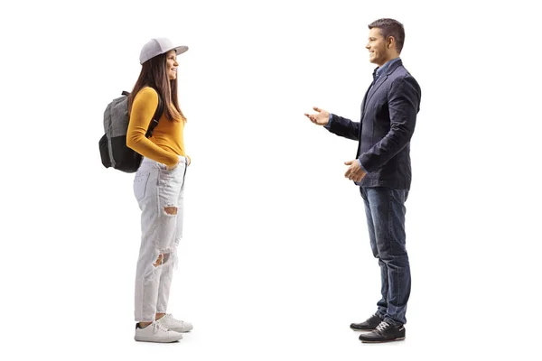 Foto Perfil Completo Hombre Hablando Con Una Estudiante Con Una — Foto de Stock