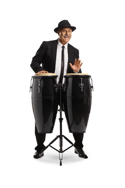 Cheerful Mature Man Playing Conga Drums Isolated White Background — Stock Photo, Image