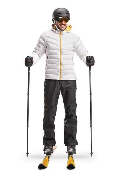 Retrato Completo Hombre Con Equipo Esquí Aislado Sobre Fondo Blanco — Foto de Stock