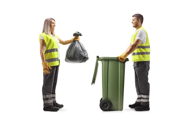 Full Length Profile Shot Male Female Waste Collectors Putting Bag — Stock Photo, Image