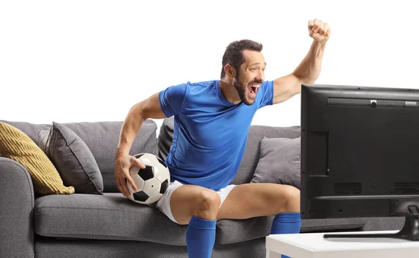 Jogador Futebol Sentado Sofá Torcendo Assistindo Jogo Isolado Fundo Branco — Fotografia de Stock