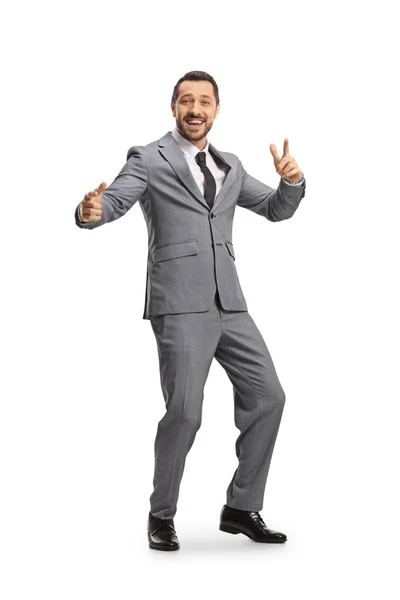 Glada Professionell Man Kostym Dans Isolerad Vit Bakgrund — Stockfoto