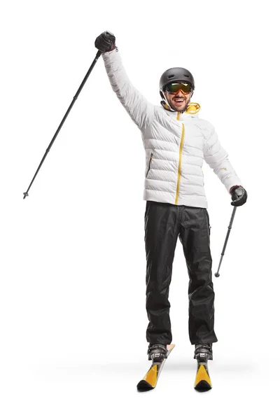 Full Length Portrait Male Skier Gesturing Happiness Isolated White Background — Stock Photo, Image
