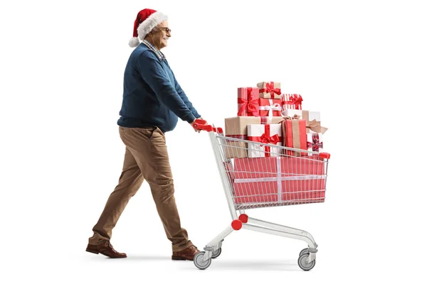Full Length Profile Shot Mature Man Santa Hat Pushing Shopping — Stock Photo, Image