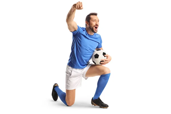 Football Player Ball Kneeling Gesturing Win Isolated White Background — Stock Photo, Image