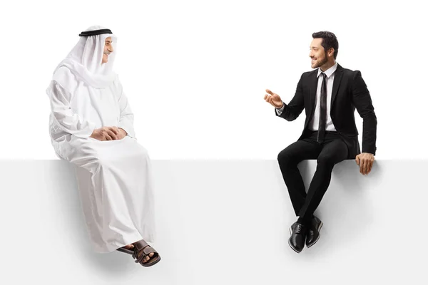 Businessman Arab Man Ethnic Clotes Seated White Panel Having Conversation — Stock Photo, Image