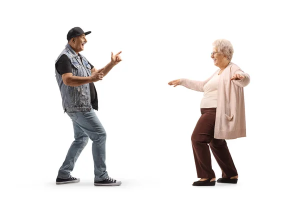 Profilo Completo Uomo Maturo Che Balla Con Una Signora Anziana — Foto Stock
