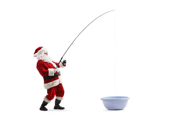 Full Length Profile Shot Santa Claus Fishing Washing Pool Isolated — Zdjęcie stockowe