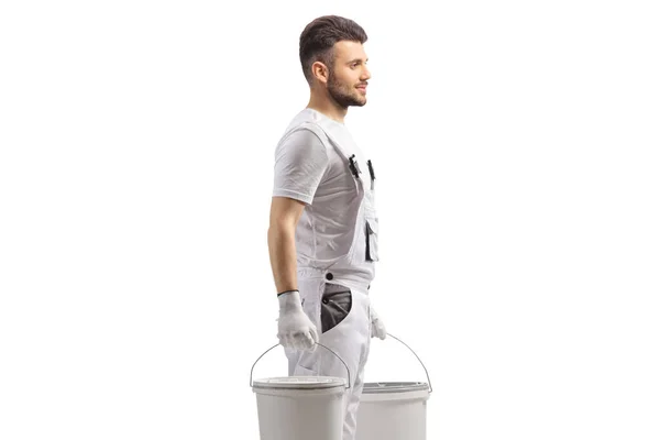 Painter White Uniform Carrying Two Buckets Isolated White Background — Stock Photo, Image