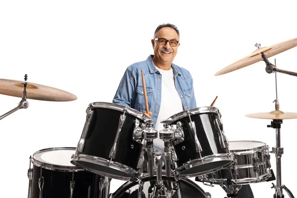 Casual Mature Man Playing Drums Isolated White Backgroun — Stock Photo, Image