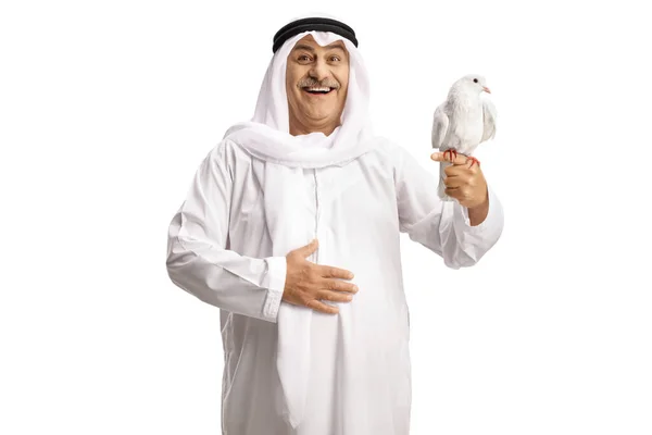 Άραβας Κρατώντας Ένα Λευκό Περιστέρι Στο Δάχτυλό Του Απομονωμένο Λευκό — Φωτογραφία Αρχείου