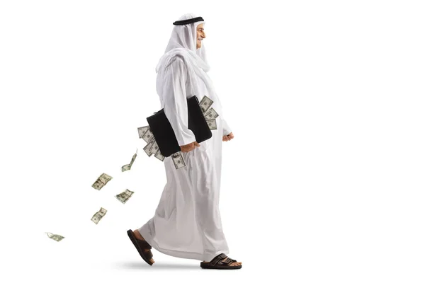 Профільний Знімок Арабського Чоловіка Йде Портфелем Повним Грошей Ізольованих Білому — стокове фото