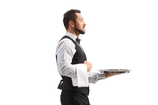 Profile Shot Waiter Carrying Silver Tray Isolated White Background — Stock Photo, Image