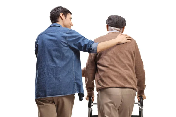 Rear View Young Man Helping Elderly Man Walker Isolated White — Stock Photo, Image