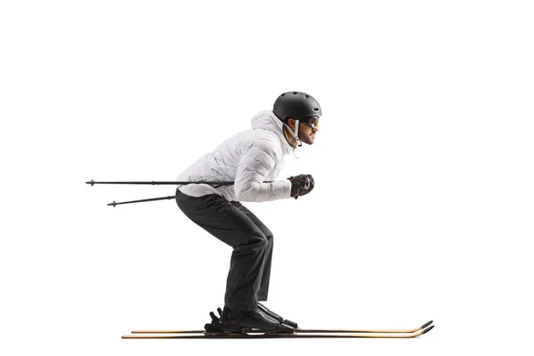 Ganzes Profilbild Eines Männlichen Skifahrers Der Isoliert Auf Weißem Hintergrund — Stockfoto