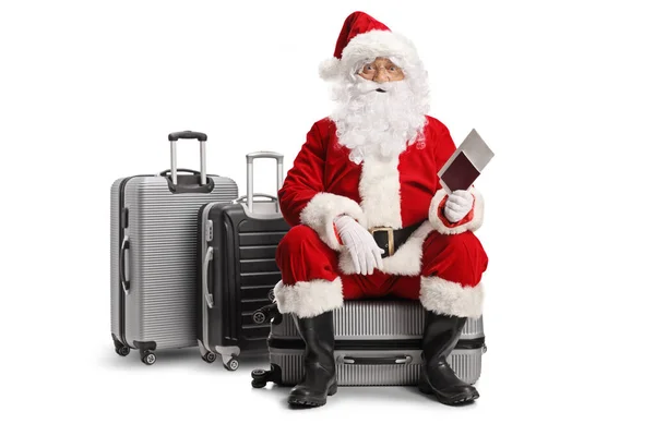 Santa Claus Sitting Suitcase Holding Passport Isolated White Background — Stock Photo, Image