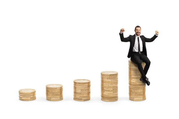 Businessman Seated Top Coin Pile Gesturing Happiness Isolated White Backgroun — Stock Photo, Image