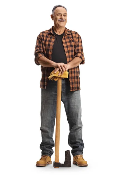Full Length Portrait Mature Man Smiling Leaning Axe Isolated Blue — Stock Photo, Image