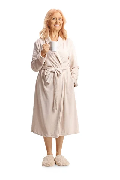 Full Length Portrait Mature Woman Bathrobe Holding Cup Isolated White — Stock Photo, Image