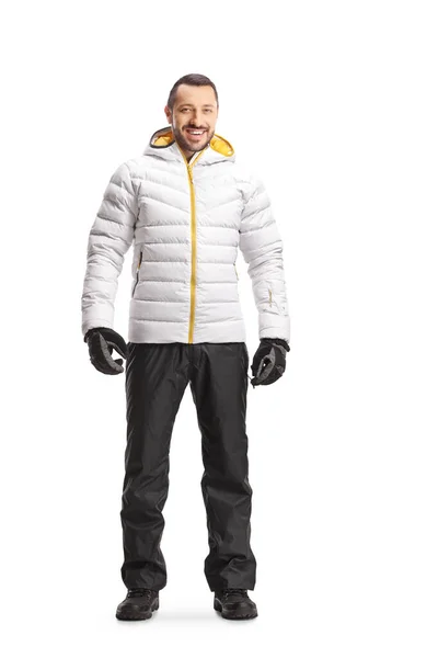 Ritratto Figura Intera Giovane Giacca Invernale Pantaloni Isolati Sfondo Bianco — Foto Stock