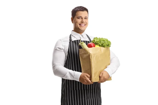 Jovem Chef Masculino Vestindo Avental Segurando Saco Supermercado Isolado Fundo — Fotografia de Stock