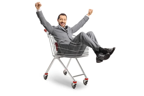 Businessman Sitting Shopping Cart Gesturing Happiness Isolated White Background — Stock Photo, Image
