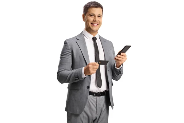 Jovem Profissional Usando Smartphone Cartão Crédito Isolado Fundo Branco — Fotografia de Stock