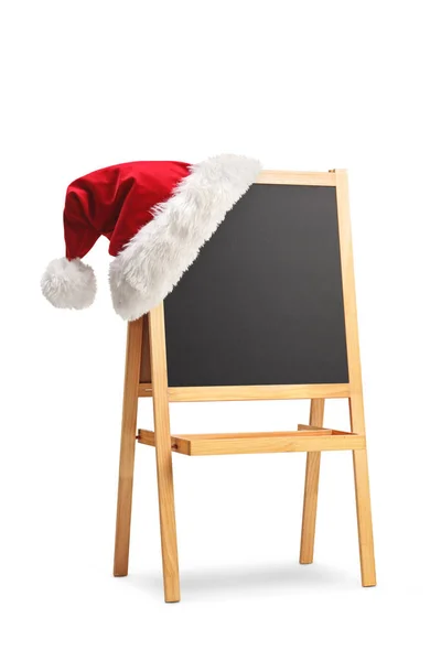 Small Blackboard Wooden Frame Stand Santa Claus Hat Isolated White — Stock Photo, Image