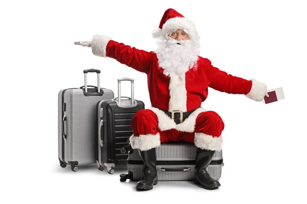 Santa Claus Sitting Suitcase Flying Hands Isolated White Background — Stock Photo, Image