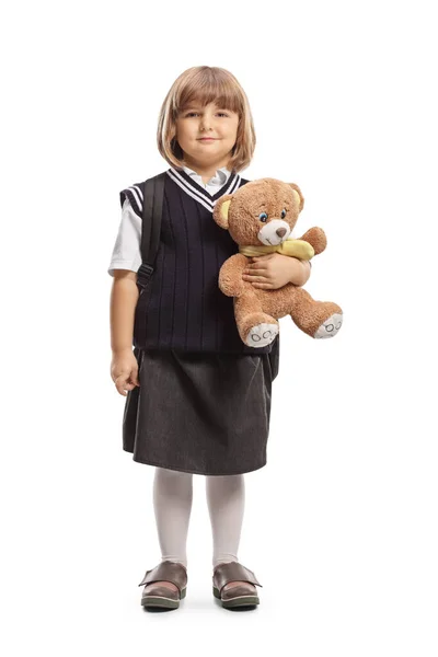 Full Length Profile Shot Little Schoolgirl Uniform Holding Teddy Bear — Stock Photo, Image