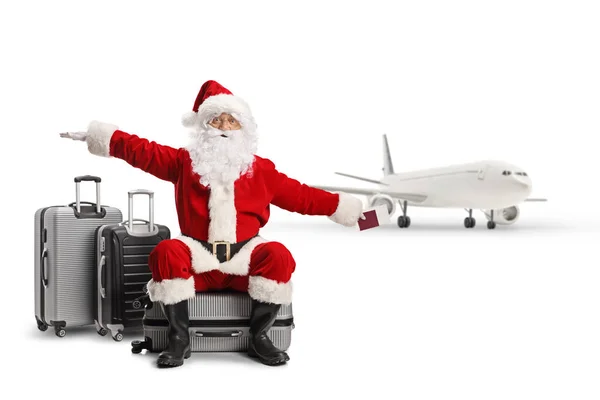 Santa Claus Sitting Suitcase Front Airplane Flying Hands Isolated White — Stock Photo, Image