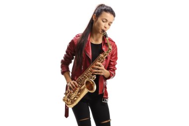 Beautiful young woman playing a saxophone isolated on white background clipart