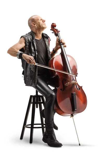 Punk Musician Sitting Playing Cello Isolated White Background — Stock Photo, Image