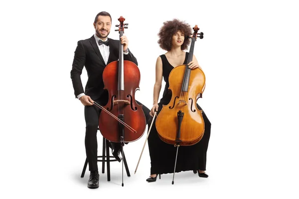 Männliche Und Weibliche Cellisten Eines Musikorchesters Isoliert Auf Weißem Hintergrund — Stockfoto