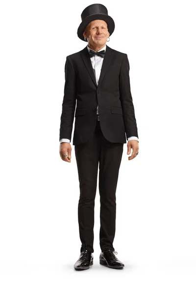 Full Length Portrait Gentleman Bow Tie Top Hat Isolated White — Stock Photo, Image