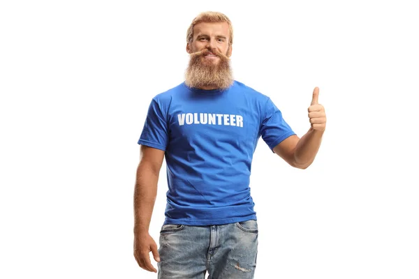 Male Volunteer Beard Moustache Gesturing Thumb Sign Isolated White Background — Stock Photo, Image
