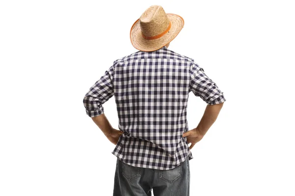 Rear View Shot Farmer Straw Hat Isolated White Background — Stock Photo, Image