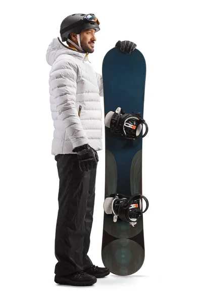 Perfil Comprimento Total Tiro Homem Equipamento Inverno Segurando Snowboard Esperando — Fotografia de Stock