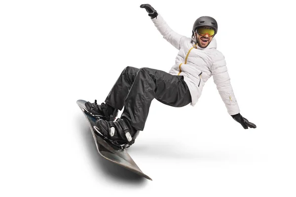 Cara Montando Snowboard Com Capacete Óculos Isolados Fundo Branco — Fotografia de Stock