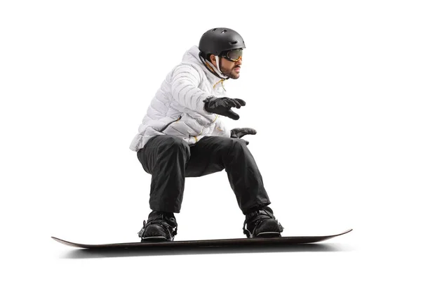 Homem Montando Snowboard Com Capacete Óculos Isolados Fundo Branco — Fotografia de Stock