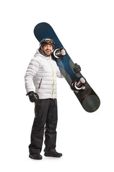 Joven Sonriente Con Snowboard Posando Mirando Cámara Aislada Sobre Fondo — Foto de Stock