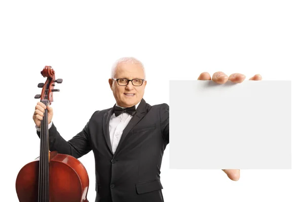 Elegant Man Cello Holding Blank Cardboard Isolated White Background — Stock Photo, Image