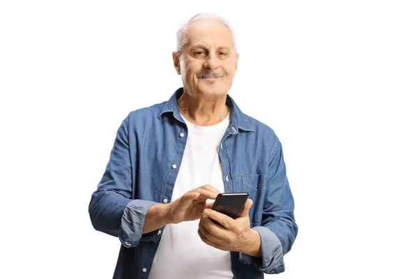 Smiling Mature Man Using Smartphone Isolated White Background — Foto de Stock