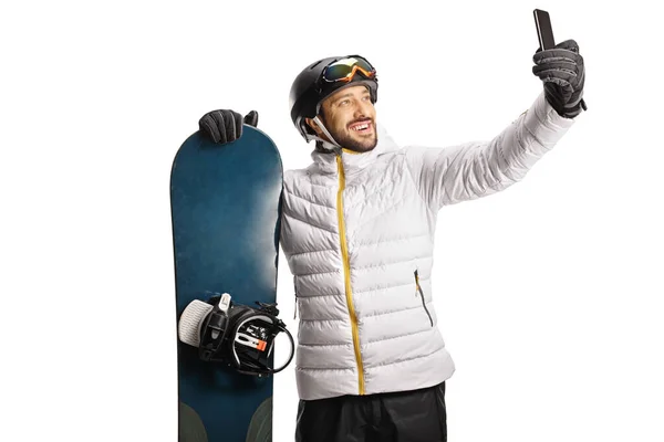 Man Snowboard Taking Selfie Smartphone Isolated White Background —  Fotos de Stock