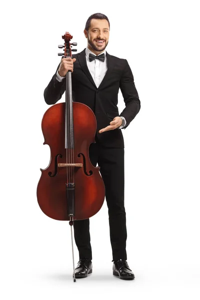 Full Length Portrait Male Artist Posing Cello Isolated White Background — Stock Photo, Image
