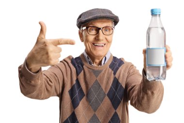 Happy elderly man holding a plastic bottle of water and pointing isolated on white background
