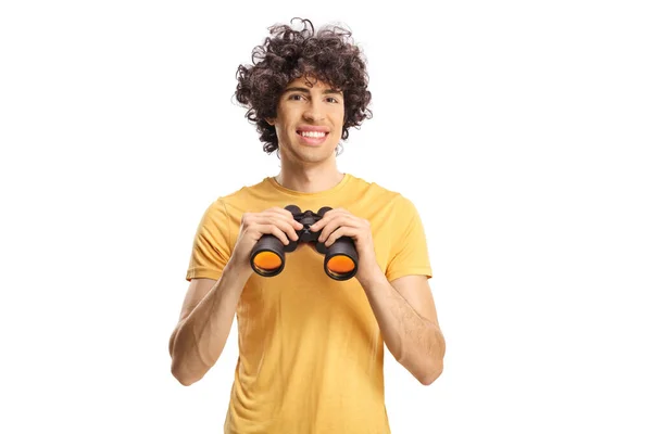 Guy Curly Hair Holding Pair Binoculars Isolated White Background — Stock Photo, Image