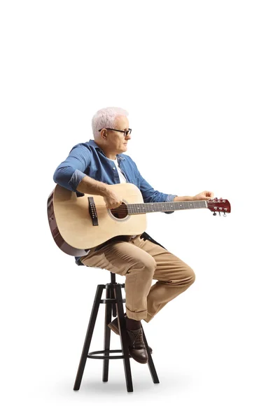 Mature Man Sitting Chair Playing Acoustic Guitar Isolated White Background —  Fotos de Stock
